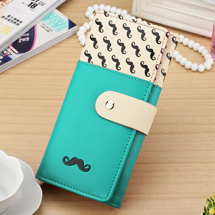 Cartera con broche de cuero PU, cartera con patrón de lindos bigotes, cartera para Mujer, monedero, tarjetero, cartera para Mujer: blue