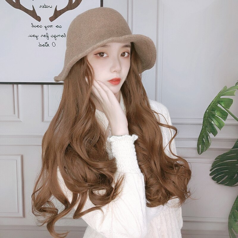 Czapka z peruką jeden kapelusz rybaka długi kędzior duża fala długie proste włosy naturalny czarny brązowy czarny głęboki brąz jasnobrązowy