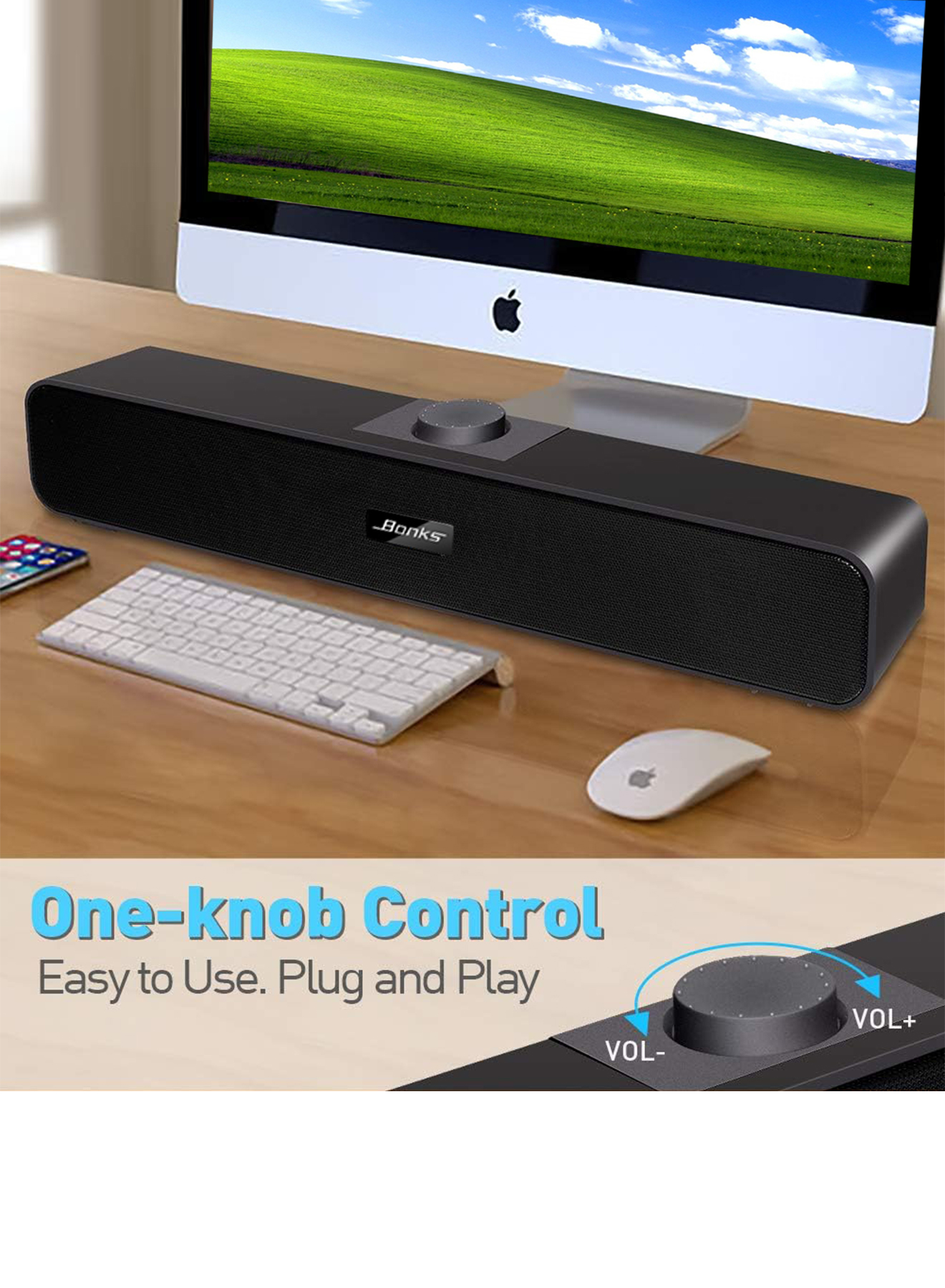 Computerlautsprecher mit 3,5 mm Aux, kleine PC-Lautsprecher mit USB, kabelgebundener USB-Schreibtisch-Lautsprecher, USB-Soundbar für Monitor