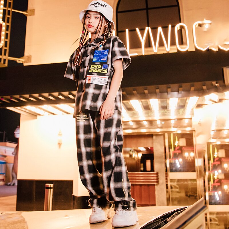 Mode Jazz Dance Kostuum Kids Hip Hop Kleding Meisjes Modern Jazz Stage Performance Slijtage Kinderen Plaid Shirt Broek DQS1462
