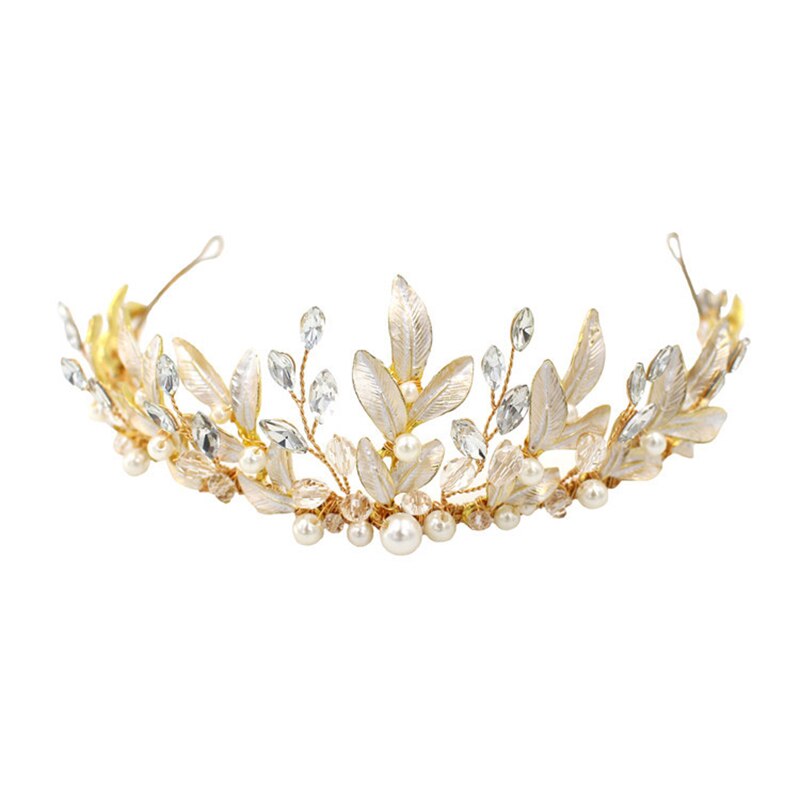 Vintage Aristocratische Gold Strass Parel Kristal Bladeren Noble Vrouwen Bruid Kroon Bruiloft Hoofdband Haaraccessoires: Default Title