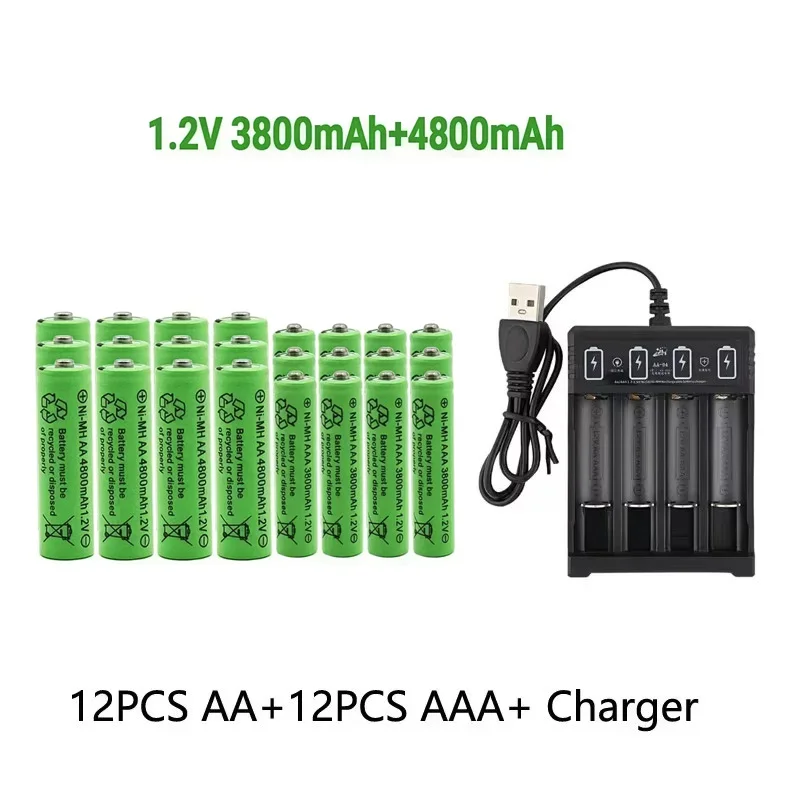 Batería recargable Original de 1,2 V AA4800mAh + AAA3800mAh + cargador para ordenador, reloj, Radio, videojuego, cámara Digital, batería AA AAA: Verde
