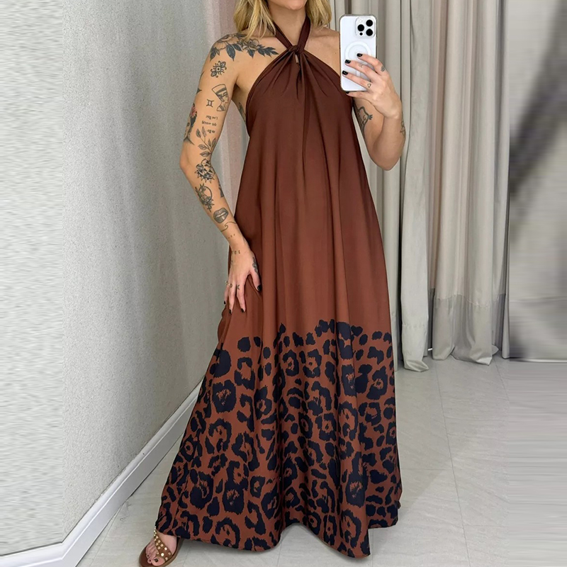 Leopardprint rygløs lang kjole sexet hængende hals ærmeløs løs festkjole kvinder plisseret strandkjole: Xl / Sort