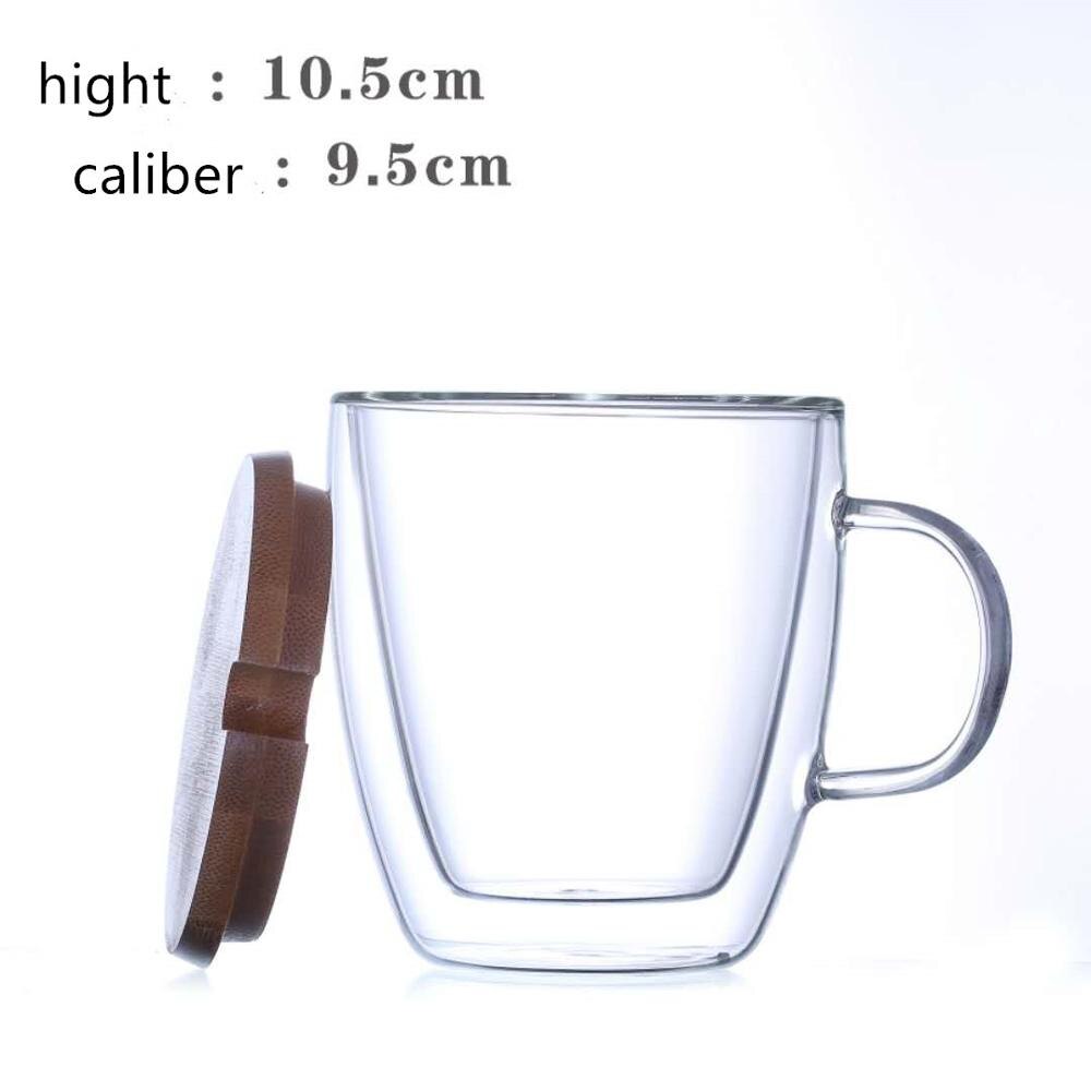 350ml dubbla lager kaffemugg med handtag med lock värmeisolering drickskopp tekopp genomskinlig drinkware träöverdrag: 1 pc glas kopp