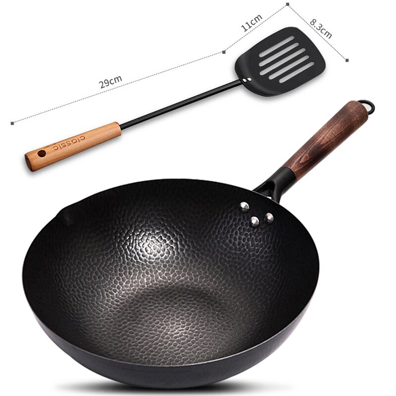 32 Cm Niet-Coating Ijzeren Pot Gietijzeren Pan Algemeen Gebruik Voor Gas En Inductie Kookplaat Chinese Wok Kookgerei pan Keuken Gereedschap: 32cm and fry spatula