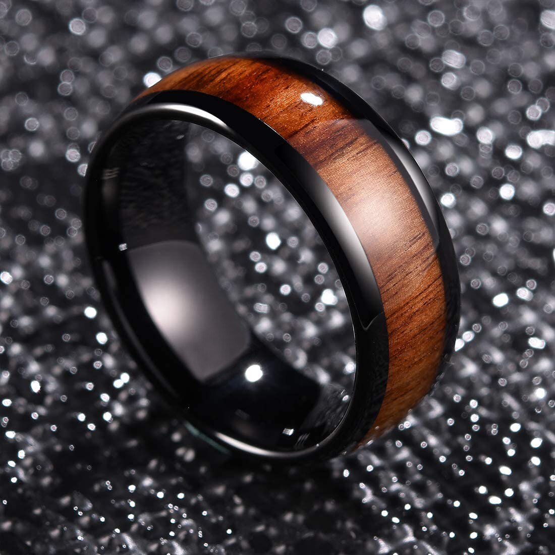 Trendy 8mm Men&#39;s Black Stainless Steel Ring Koa Wood Inlay Dome Engagement Ring For Men Wedding Band Jewelry Size 6-13