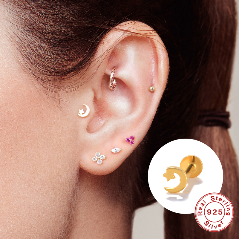 CANNER 1pc 925 Sterling Silver Tragus Piercing Stud Earrings for Women AAAAA Zircon Labret Lip Rings Cartilage Earrings Jewelry