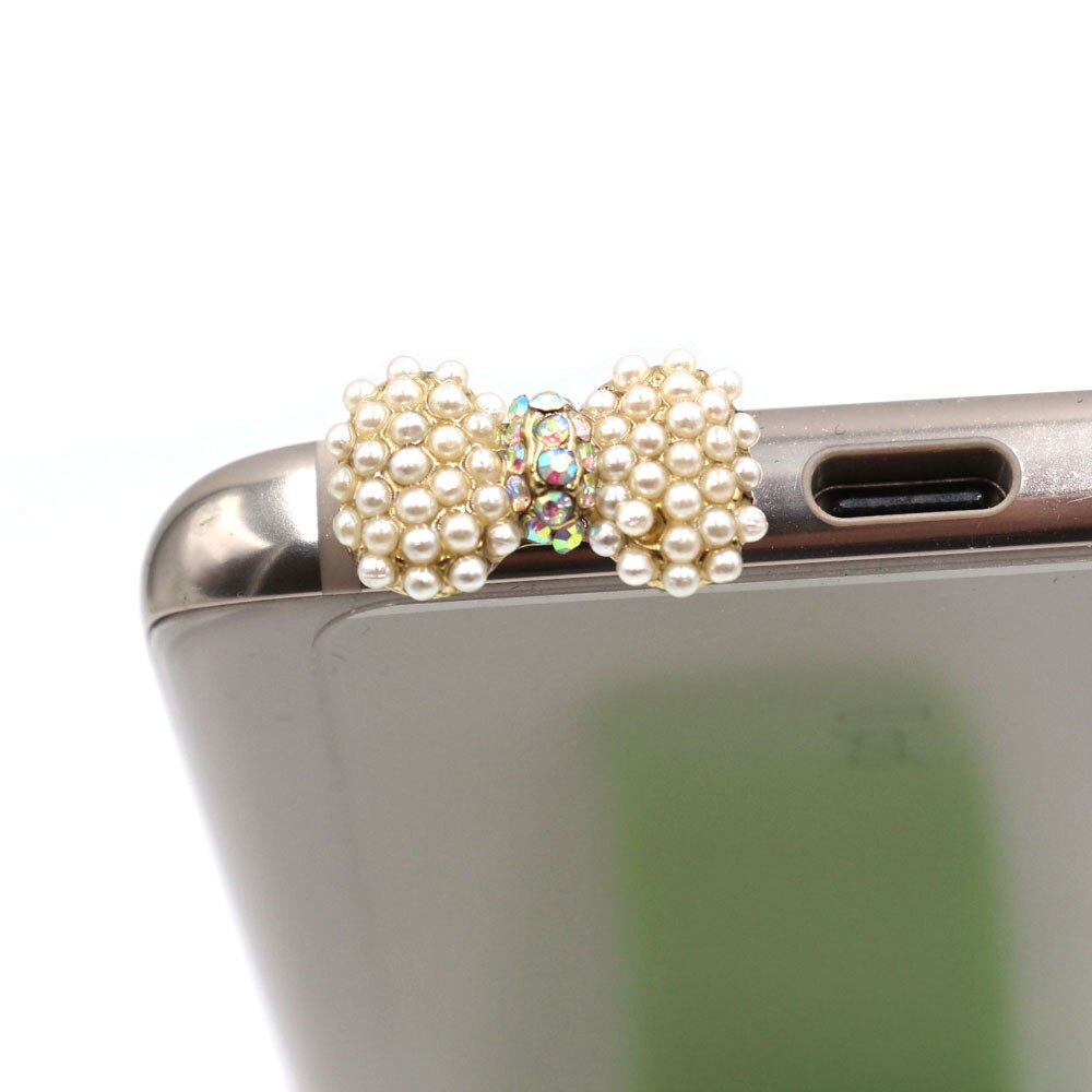 Elegance Style Small Pearl With Diamond Bow Mobile Phone Ear Cap Dust Plug For Iphone Samsung 3.5mmDustPlug