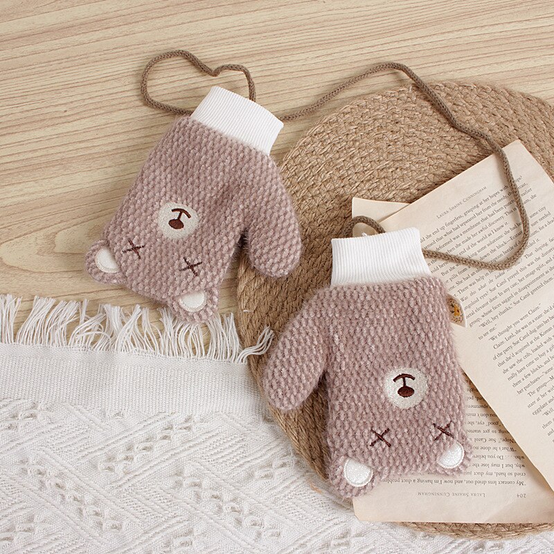 Girl Gloves Korean-Style Cartoon Bear Rabbit Children's Knitted Winter Warm Baby Halter Knitting Wool Gloves 2-6T: AH2754 brown