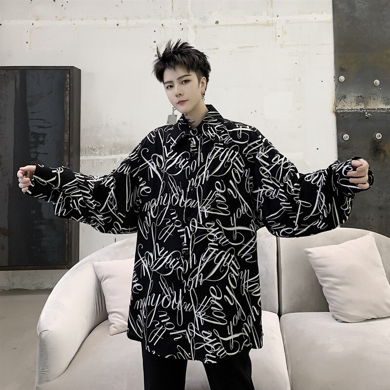 Streetwear Camisa negra de manga larga con estampado de letras Punk gótico para de noche Camisa de talla grande blusas largas Camisa masculina