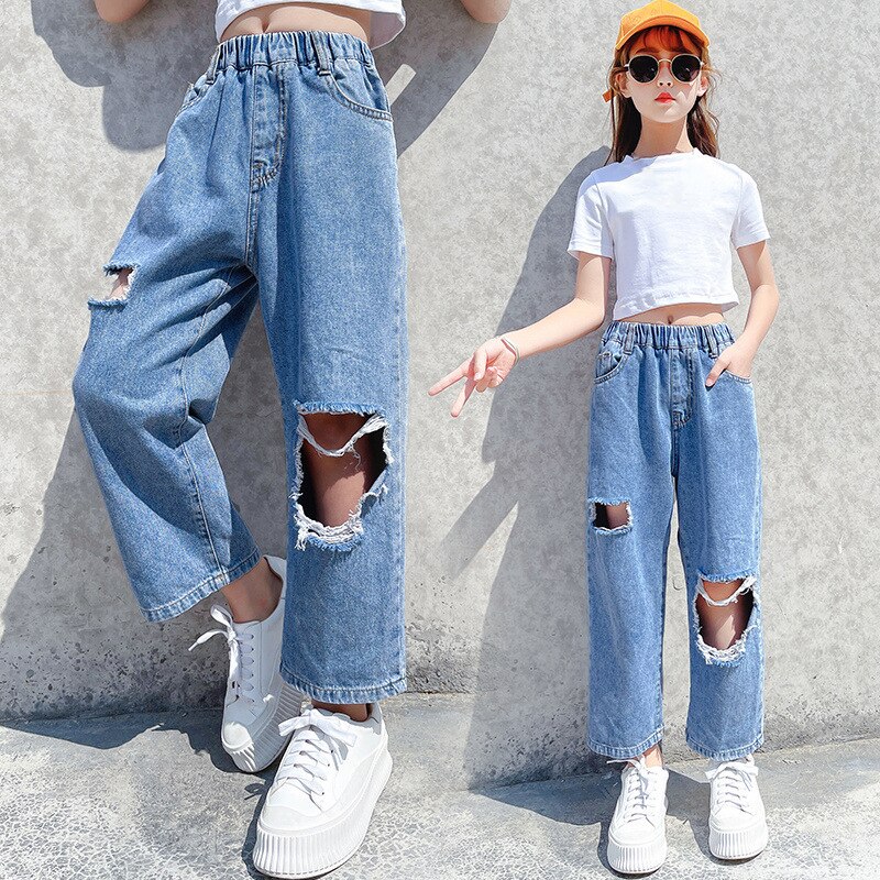Pantalones vaqueros rasgados para niña adolescente, Jeans de estilo Hip-hop, para niño, pantalones cortos finos medianos y grandes para niño, primavera y otoño: 9
