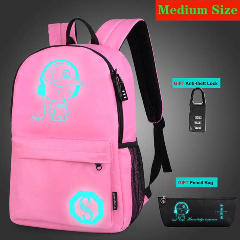 Anti-diefstal tas lichtgevende schooltassen voor jongens meisjes student school rugzak mochila met usb oplaadpoort slot schooltas: Stijl 6 middelgrote maat