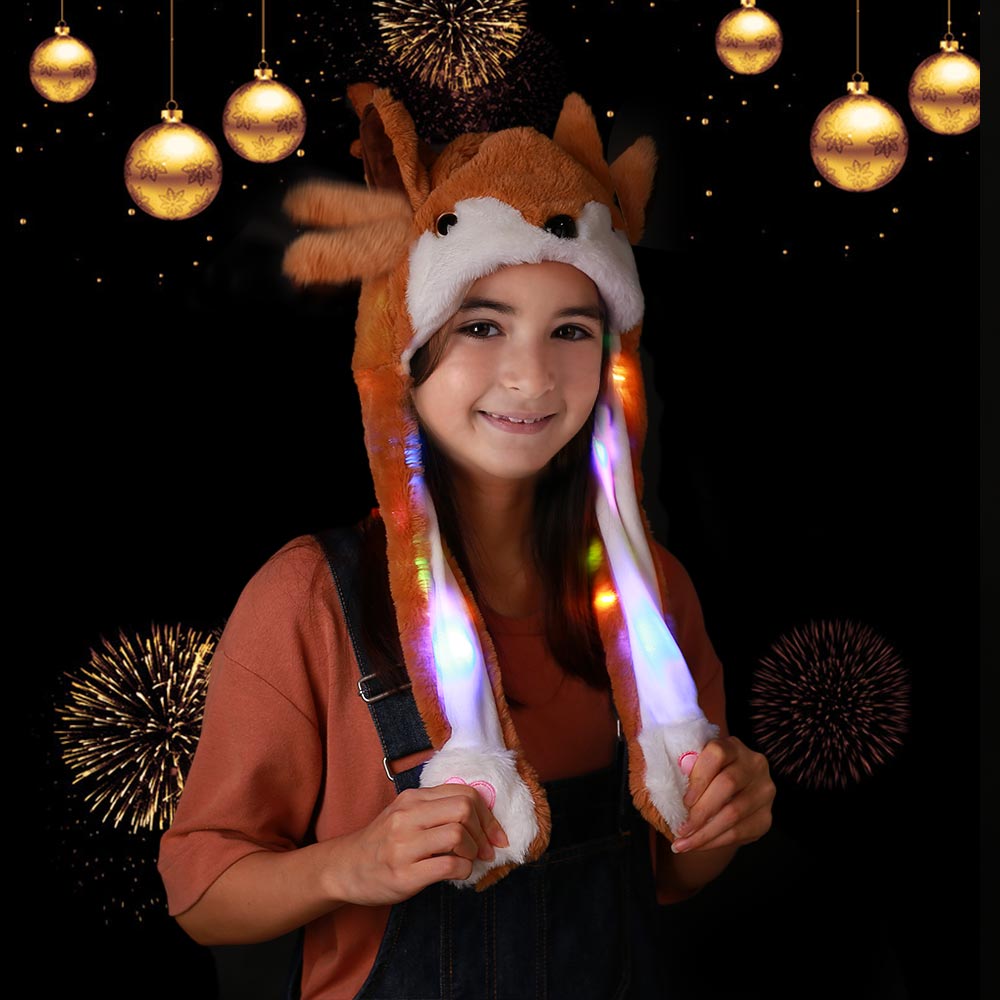 Julehjort hat hat bevægende øre med lys og musik sød tegneserie legetøjshat kawaii sjov kasket børn skinner vinterhat: Med lys