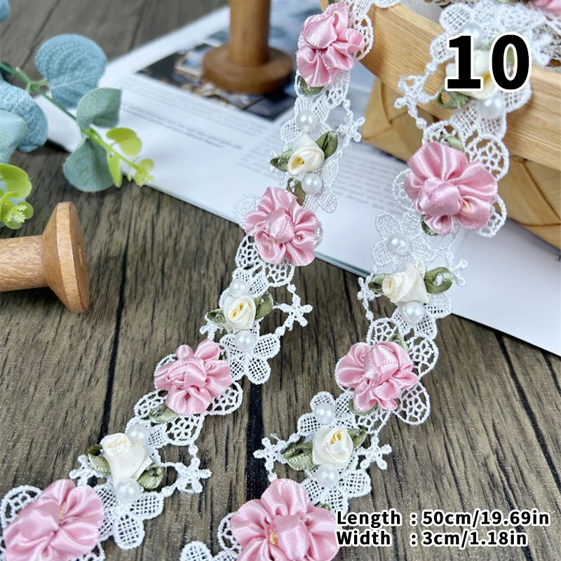 1/2/5m blondebånd med 3d blomster til bryllupsdekoration, kjole, taske, gør-det-selv-sytilbehør, perlebesat applikation, blomster, broderi, blonde: Blå / 2 yards