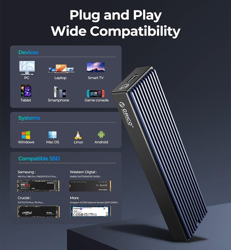 ORICO M.2 NVMe Enclosure USB 3.2 10Gbps SSD Storage Box Dual Protocol NVMe Solid State Drive External Case M2 HD Hard Disk