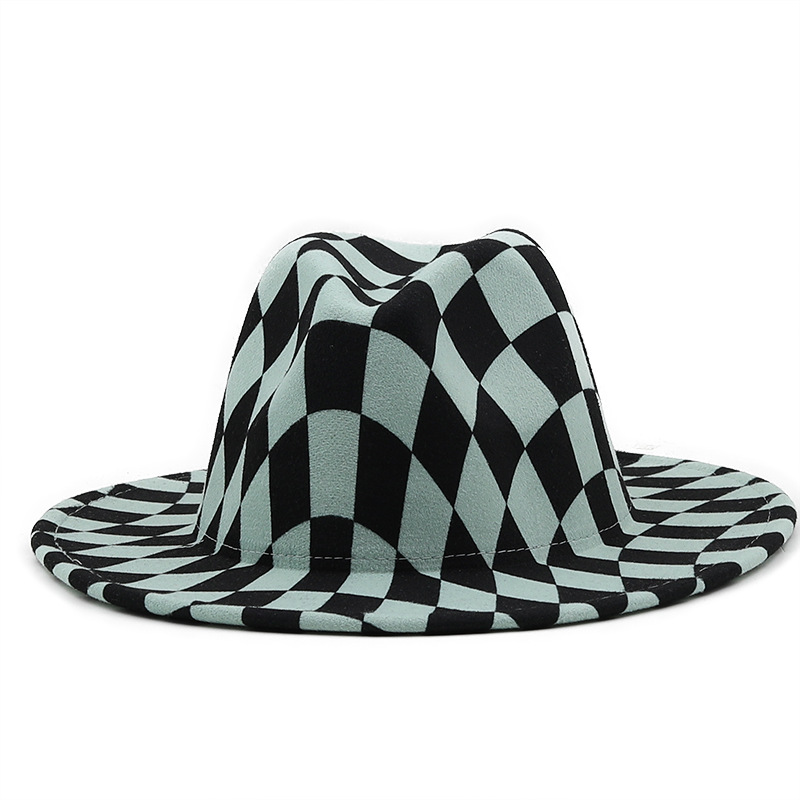 QBHAT Checkerboard Plaid Print Top Hat Men Black Bottom Patchwork Jazz Fedora Hats Fascinator Women Church Felted Cap