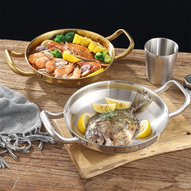 Cuenco de olla seca de acero inoxidable, olla de arroz de mariscos españoles, olla del Ejército Coreano dorada, sartén comercial gruesa de doble oreja