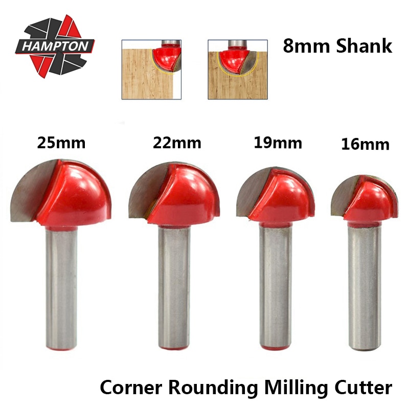 Hampton 8mm Shank Corner Rounding Milling Cutter 16/19/22/25mm Wood Router Bit For Wood Carbide Ball Nose End Mill Engraving Bit