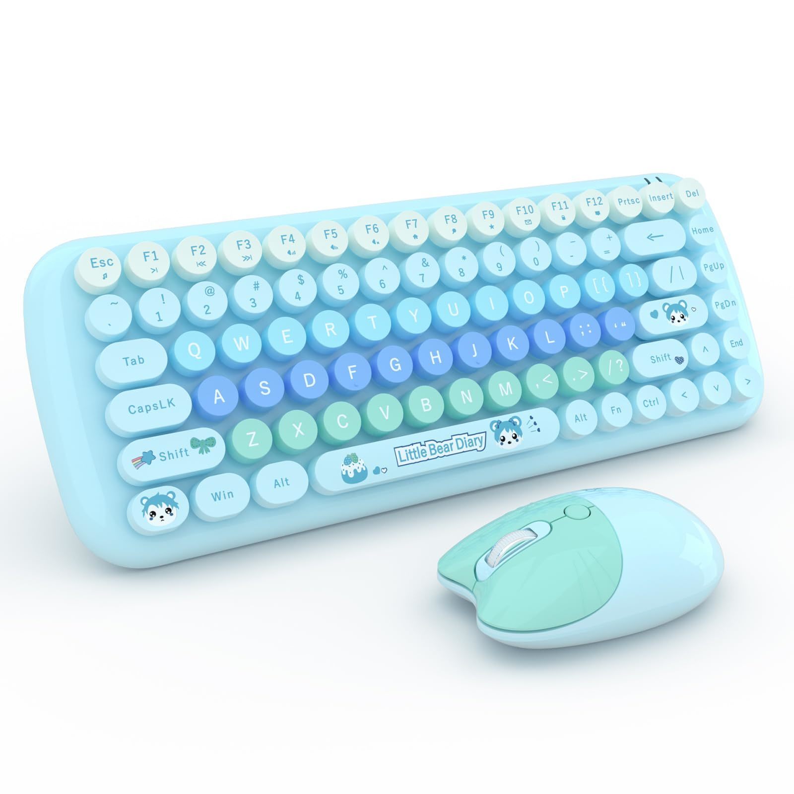 2.4G Wireless Keyboard Mouse Combo 84 Keys Compact Size Colorful Retro Round Keycaps For Laptop/Desktop, Battery Powered: Blue