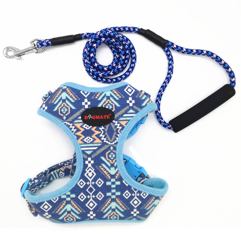 Hond Harnas Kleine Folk Stijl Zachte Canvas Pet Harness En Leash Set Ademend Verstelbare Puppy Harnas Vest Wandelen Leads Yorkie: blue / M 40-48cm chest