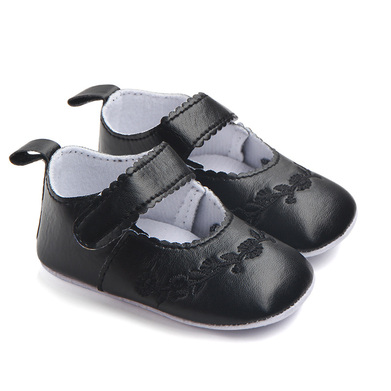 Stor bebe pu läder blomma broderade skor mjuk sulor baby first walkers spädbarn flicka prewalkers skor spjälsäng skor guld: Svart / 13-18 månader