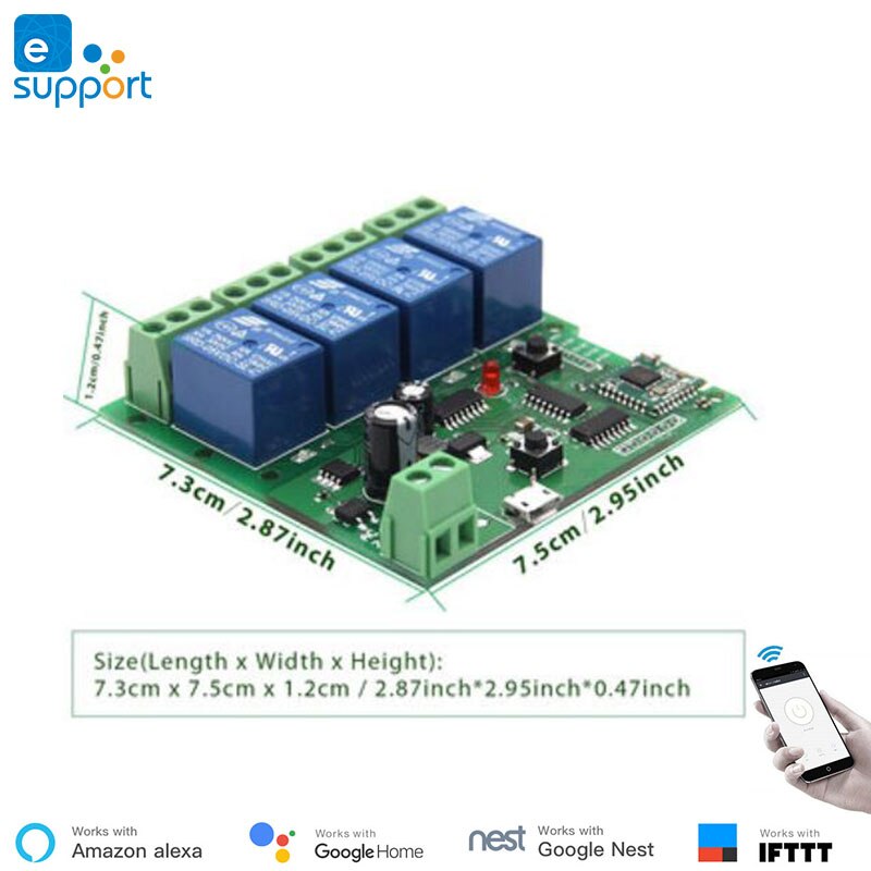 Ewelink smart switch  dc5v ;  dc 7v-32v ;  ac90v-250v ; 4 -kanals interlocking/inching/selvlåsende wifi switch til gør-det-selv smarte hjem