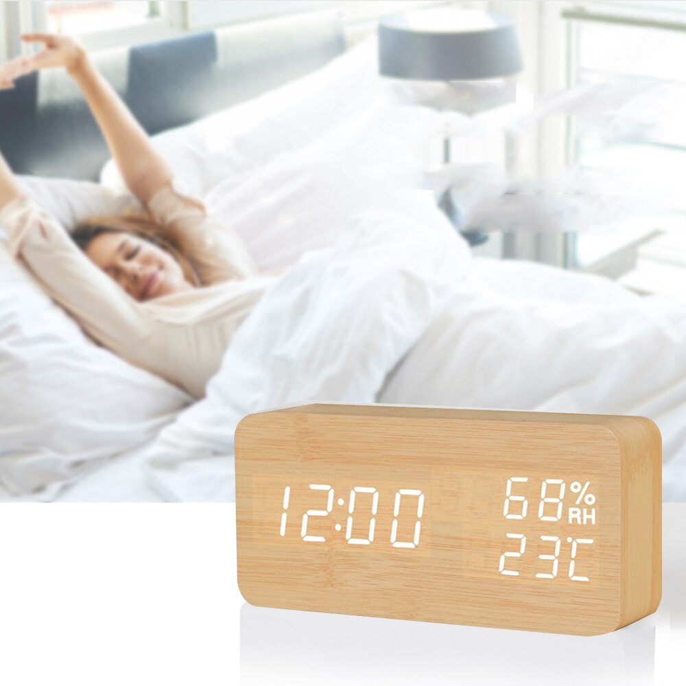 Digitale Wekker Houten Led Temperatuur Elektronische Voice Control Tafel Klokken