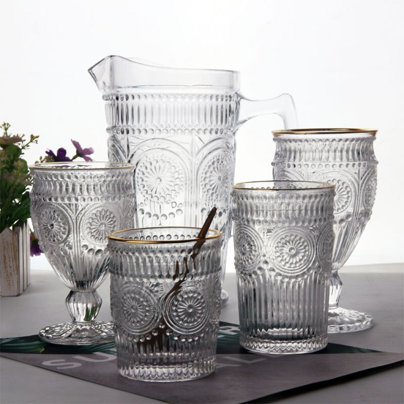 Style européen dessin Phnom Penh Ins verre épais soleil fleur en relief rétro vin verre lait boisson froide verre jus tasse