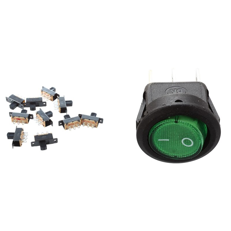 10 Pcs 2 Position DPDT 2P2T Panel Mount Mini Slide Switch &amp; 5 Pcs 3 Pin SPST Green Neon Light On/Off Round Rocker Switch