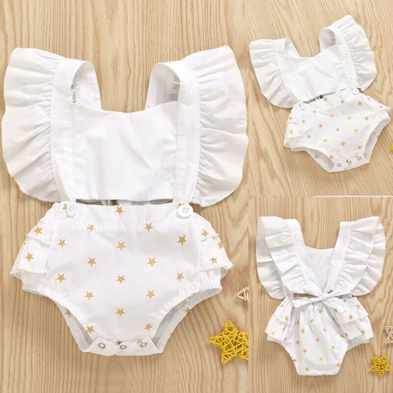 Cotton Newborn Baby Girls Bodysuits Clothes Infant Toddler Princess Ruffle Sleeveless Star Print Jumpsuits Outfit Set