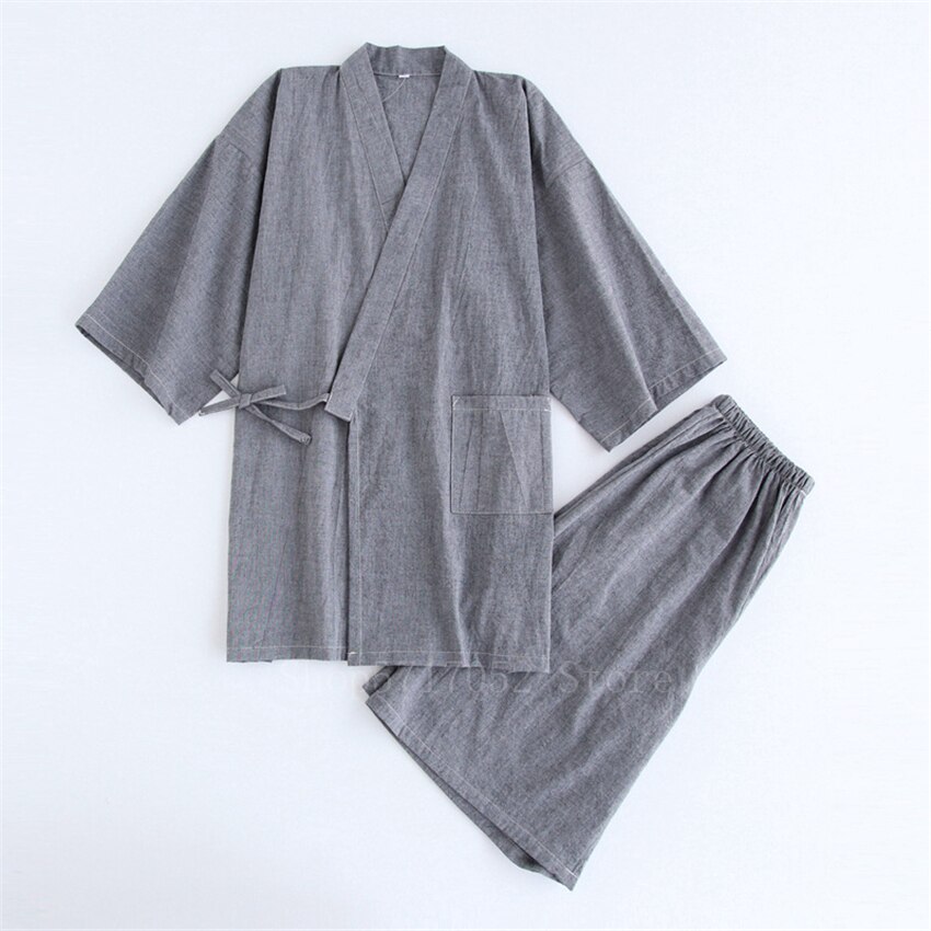 Japanese Kimono Cotton Pajamas Men Samurai Costume Bathrobe Haori Yukata Jinbei Set Sleepwear Short Sleeve Woman Japan Clothes: Color1 / L