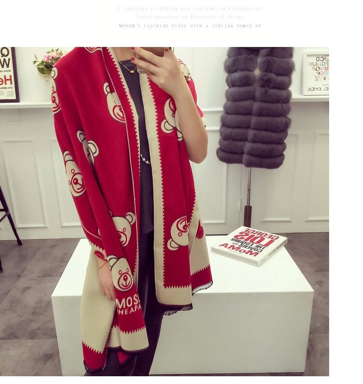 Dames Meisjes Schattige Beer Winter Kasjmier Warm Wraps Letters Sjaal Sjaals Poncho Vrouwelijke Pashmina Sjaal: Rood