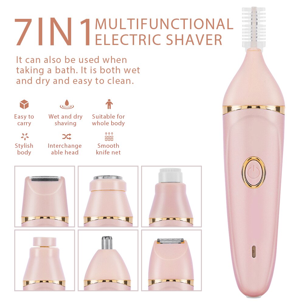 5 in 1 kvinder hårfjerning dame barbermaskine uldenhed epilator kvindelig barbermaskine øjenbryn næse elektrisk trimmer ansigtsrensning: 7 in 1 pink