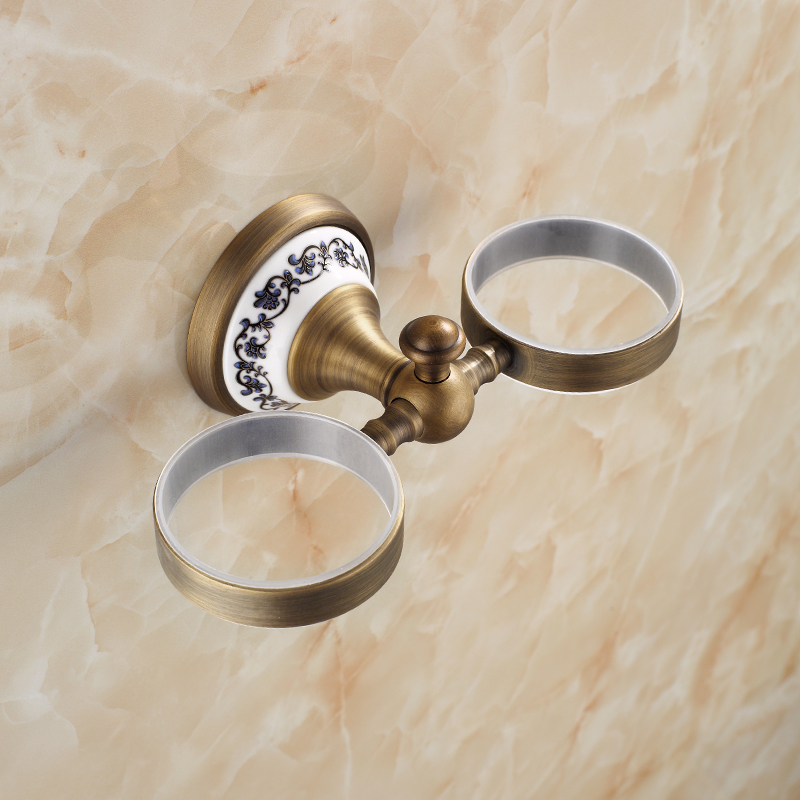 Lavabo de cerámica doble para baño con soporte de montaje en pared, acabado de bronce antiguo, MATERIAL DE LATÓN sólido