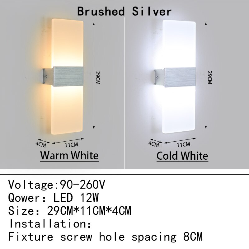 Mini 4/6/12/18W Led Acrylic Wall Lamp AC90-260V Long warm white Bedding Room Living Room Indoor wall lamp Bedroom Modern Simple: Warm White (2700-3500K) / Brushed Silver 29CM