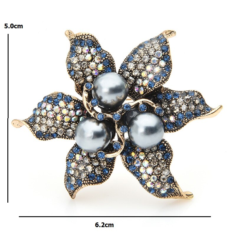 Wuli&baby Grey Pearl Flower Brooches Women Alloy Blue Rhinestone Flower Weddings Banquet Brooch Pins Year