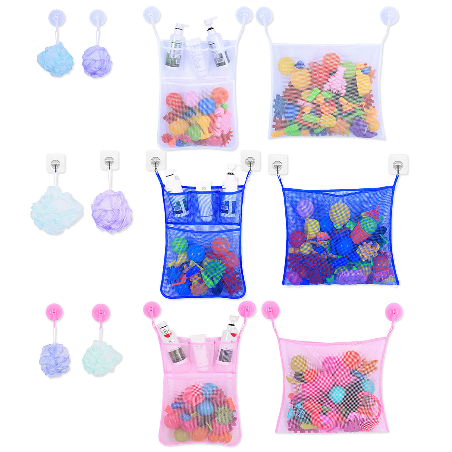 Behogar 2cps siatka łazienka uchwyt na zabawki organizator kąpieli wanna kuchnia wiszące przechowywania torba siatkowa prysznic Cubby z 6 sztuk przyssawki