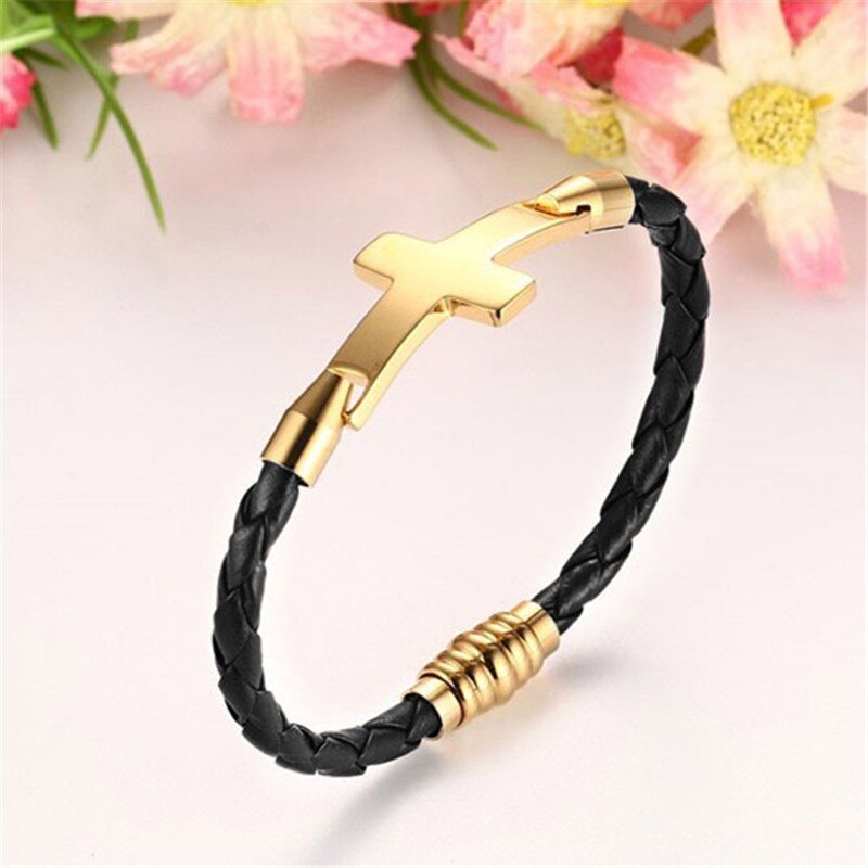 Modyle Neue Gold Farbe Edelstahl Kreuz Armbänder & Armreifen für Männer Leder Männer Hand Kette Armbinde