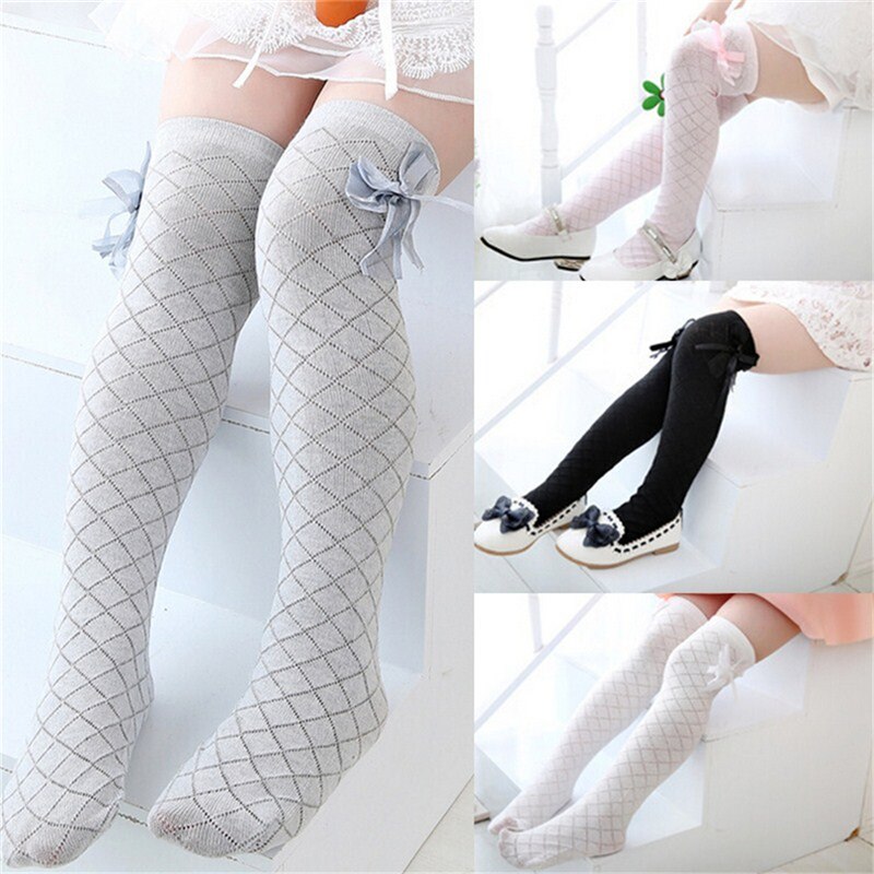 4 Colors Tights School High Knee Gridding Bow Stockings Girl Classic Cotton Stockings teen pantyhose girls tights for kids