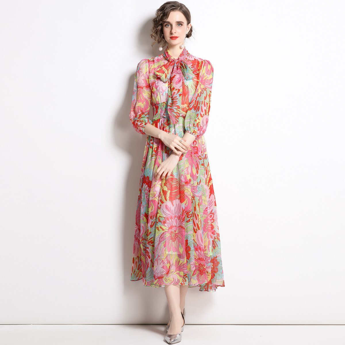 Vestido largo de gasa con estampado floral para mujer, traje bohemio de media manga con cuello de lazo, para vacaciones y verano, 2022: Rosa / M