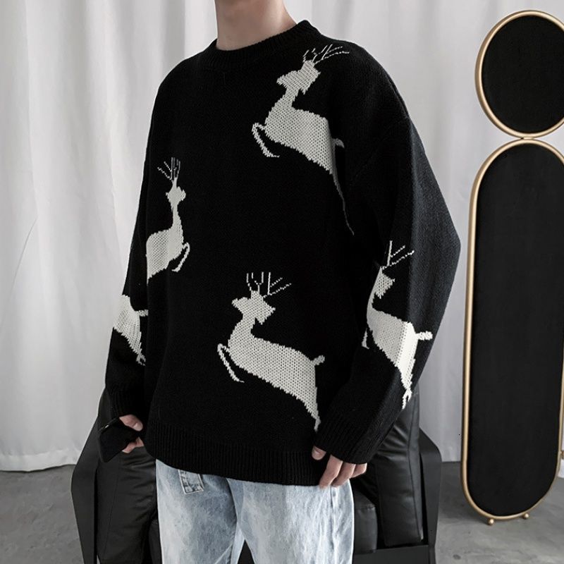 Privathinker herr älgstickade tröjor höst herrtröjor 2 färger man streetwear herrkläder: Svart / M