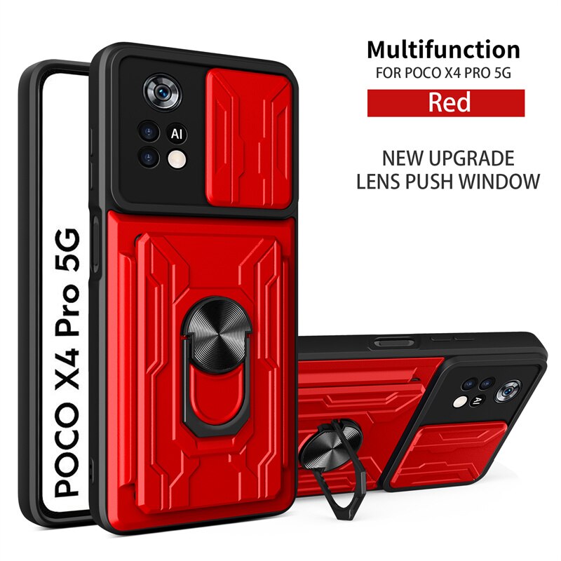 Voor Xiaomi Poco X4 Pro 5G Case Magnetische Ring Houder Armor Cases Voor Pocophone X4Pro PocoX4 Pro Poko X 4 Pro Card Slot Back Cover: Red