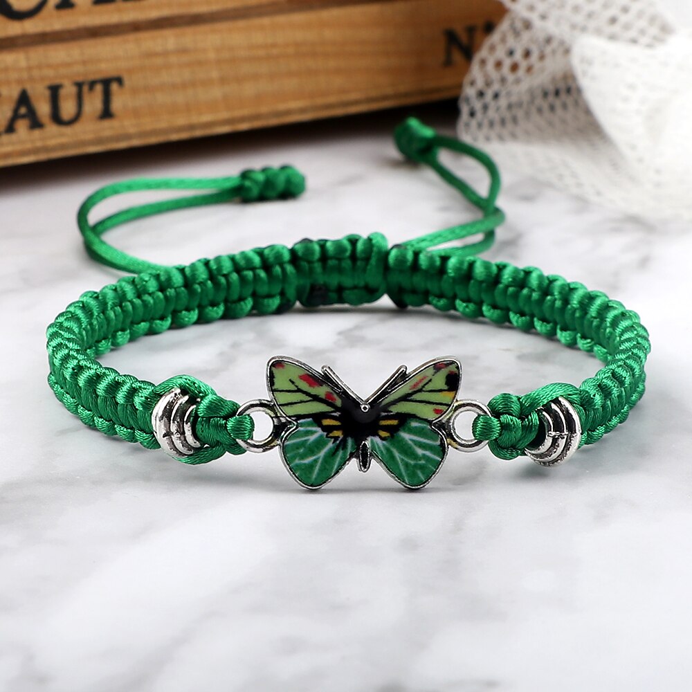 Neue Nette GrüNe Schmetterling Frauen Armbinde Handgemachte Weiß Schwarz Faden Schnur Seil Geflochtene Charme Armbänder für Mädchen Schmuck