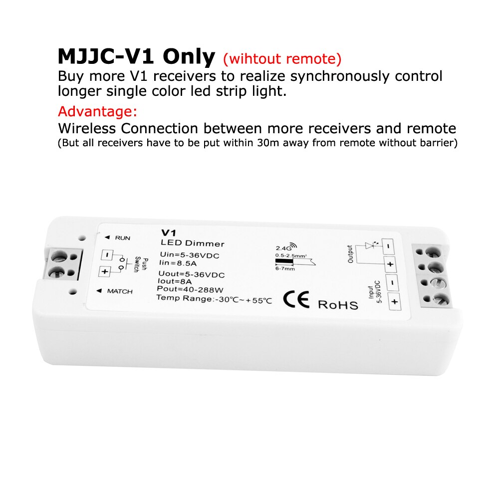 Led -himmennin 12v 5v 24v 36v pwm langaton rf -himmenninkytkin pois päältä 2.4g kauko -himmentimellä yksiväriseen led -nauhavaloon: Vain mjjc -v1