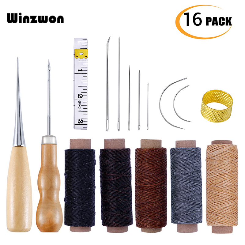 16Pcs Leather Tools Kit Hand Sewing Needles Stitching Awl Waxed Thread Upholstery Carpet Leather Canvas DIY Leatherworking Tools