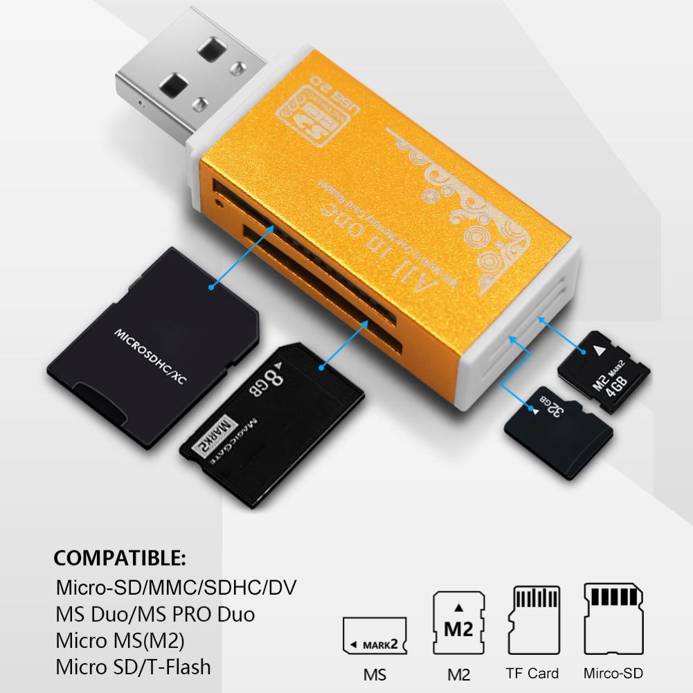 Multilector de tarjetas de memoria USB 2,0, 4 en 1, Accesorios para ordenador portátil SD/SDHC/Mini SD/MMC/TF/MS/SD Ultra/RS-MMC/HS-MMC/MS Pro