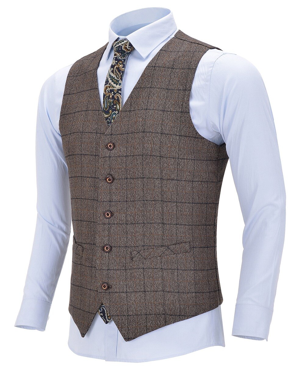 Colete masculino formal de algodão com caimento justo, colete de lã xadrez marrom para casamento, colete formal, padrinhos