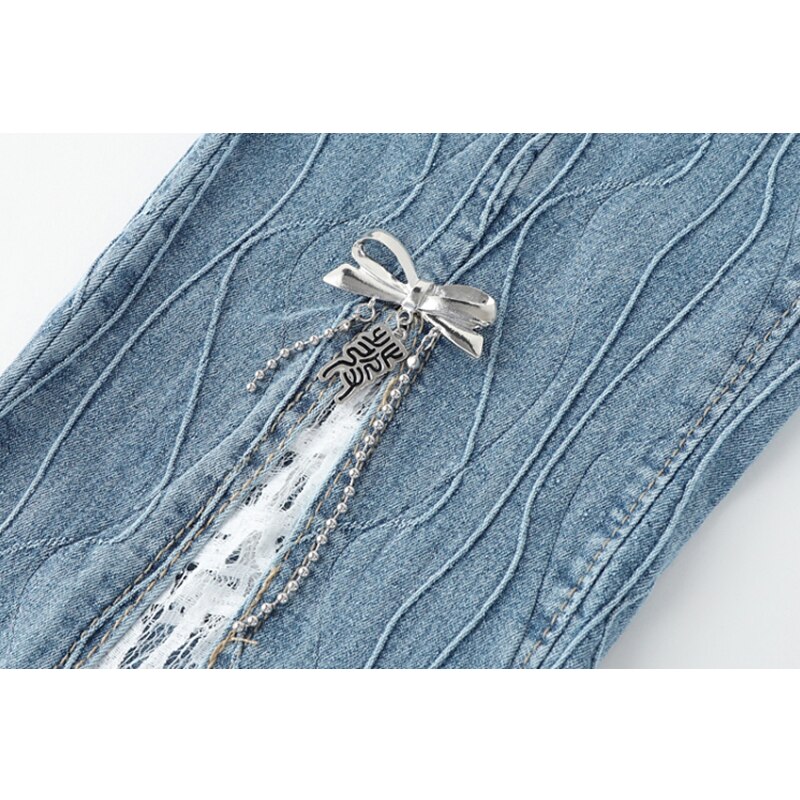 Jean évasé à plis en dentelle pour femmes, pantalon en Denim, Texture, taille haute, coupe Slim, droit, à fond de cloche