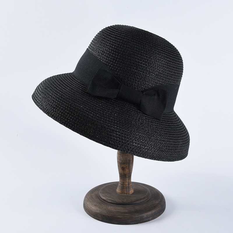 Hepburn-Sombrero de sol con lazo para mujer, sombrero de paja, sombrero de cubo, protector solar de color, sombrero de playa,: Negro