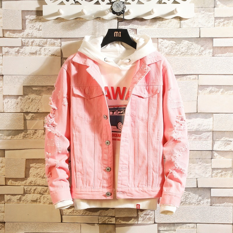 herbst See Denim Jacke Männer Zerrissene Cowboy Jacken Mantel Männlichen schlank passen Feste Beiläufige Mäntel Baumwolle Weiß Schwarz Plus größe 3XL: Rosa / M